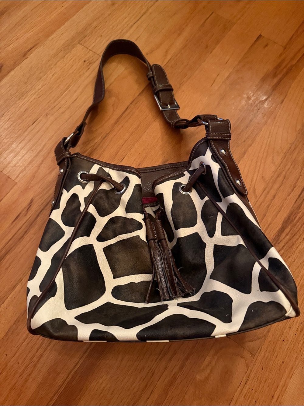 Leather Giraffe-Print Shoulder Bag in Brown & Cream